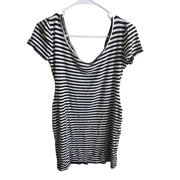 Popular Basics Womens Sz L Ribbed Mini Dress Wide Shoulder Black White Striped Y - Picture 1 of 3